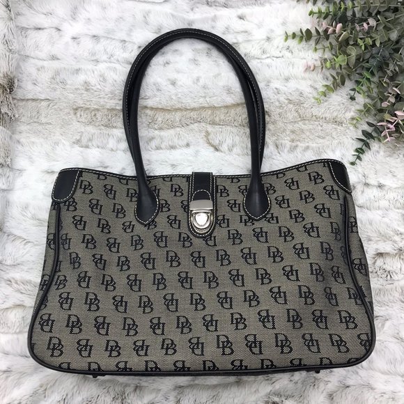 [Dooney & Bourke] Black Double Long Handle Tote DB Logo Print Pink Interior Bag - Picture 1 of 16